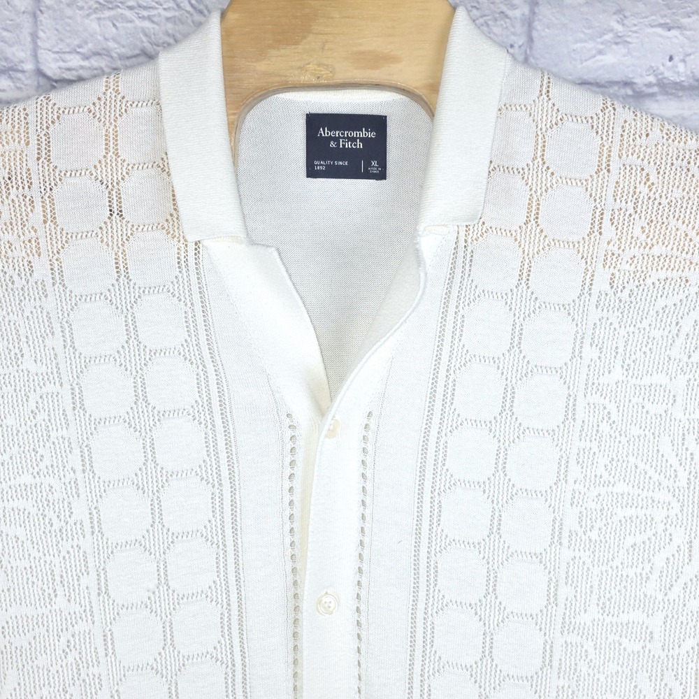 Abercrombie & Fitch Men Sweater Polo Cream Crochet Knit Short Sleeve Shirt XL